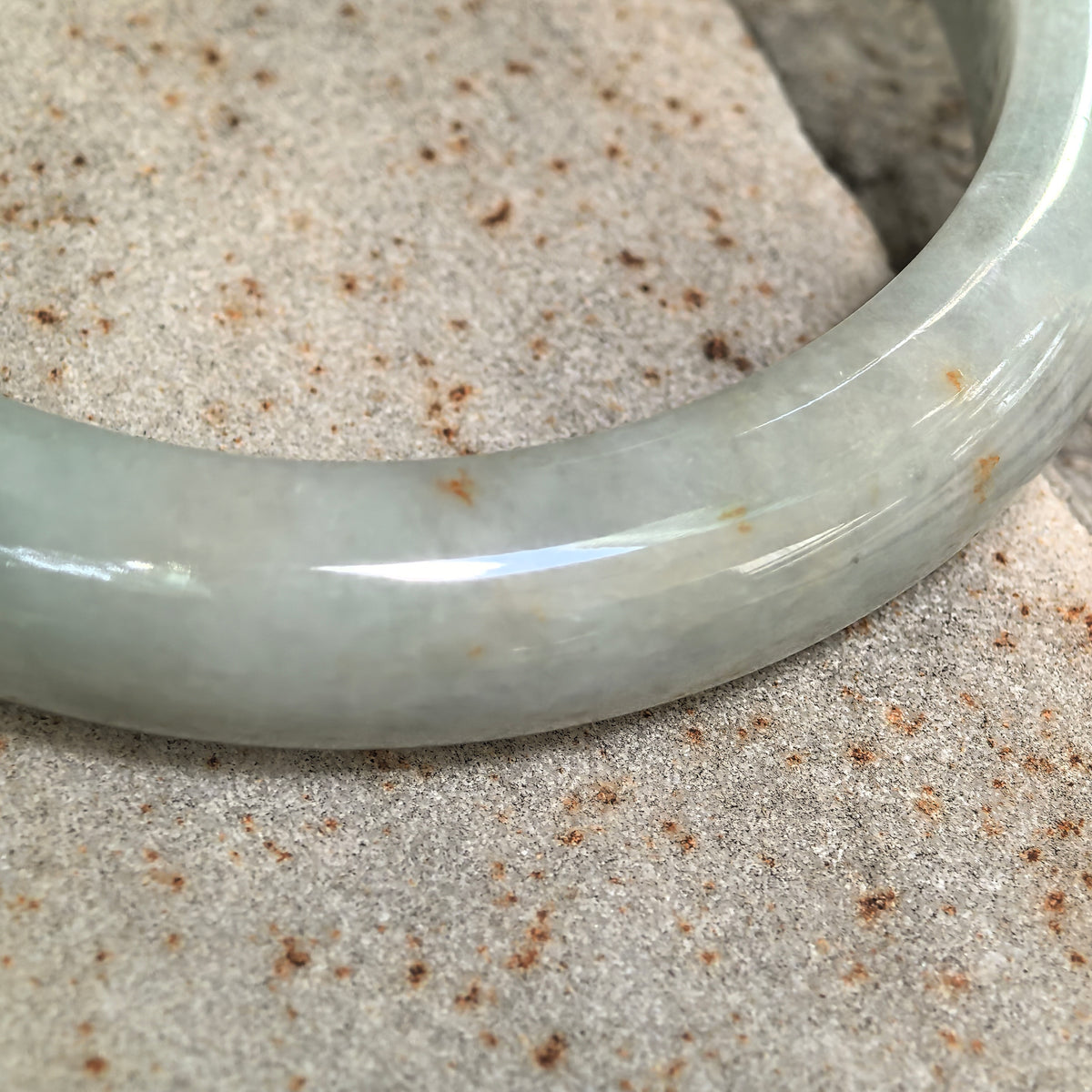 Glutinous Pale Green D-Shape Jadeite Bangle with Golden-Brown Flecks -60mm