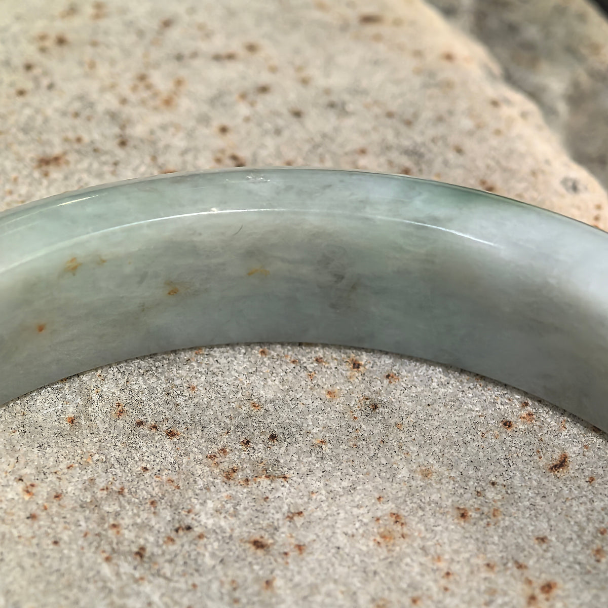 Glutinous Pale Green D-Shape Jadeite Bangle with Golden-Brown Flecks -60mm