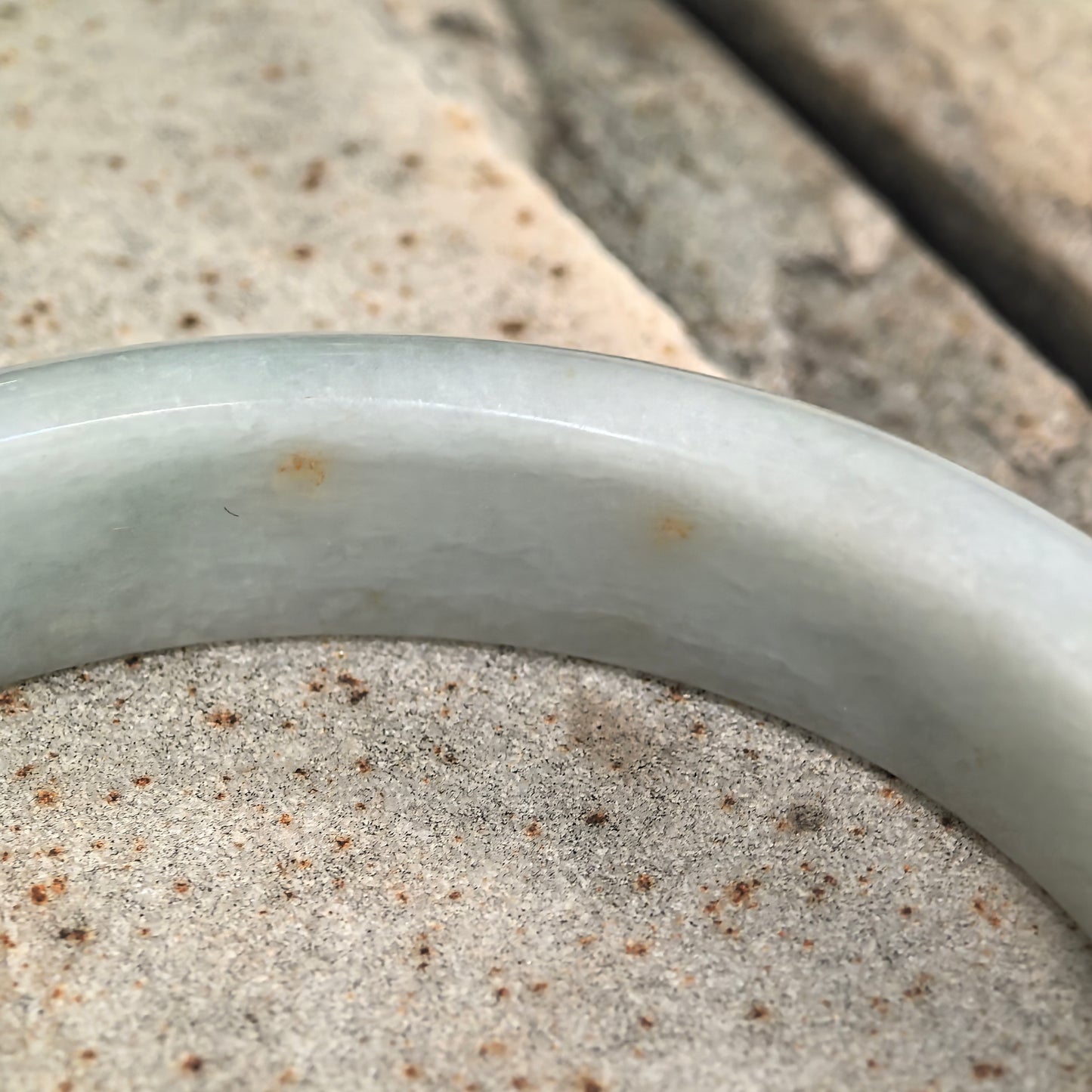 Glutinous Pale Green D-Shape Jadeite Bangle with Golden-Brown Flecks -60mm