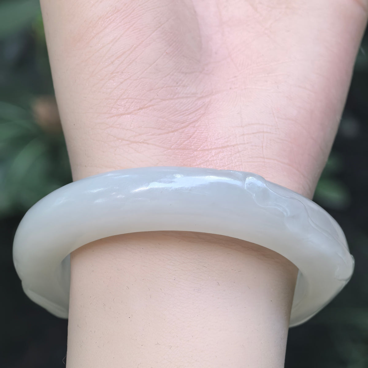White Lotus-Carved D-Shape Nephrite Bangle -53mm