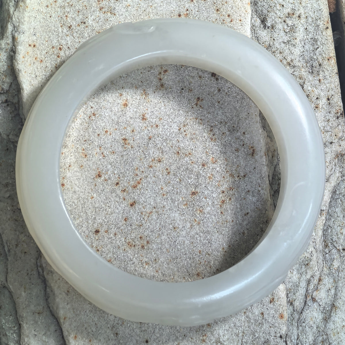 White Lotus-Carved D-Shape Nephrite Bangle -53mm