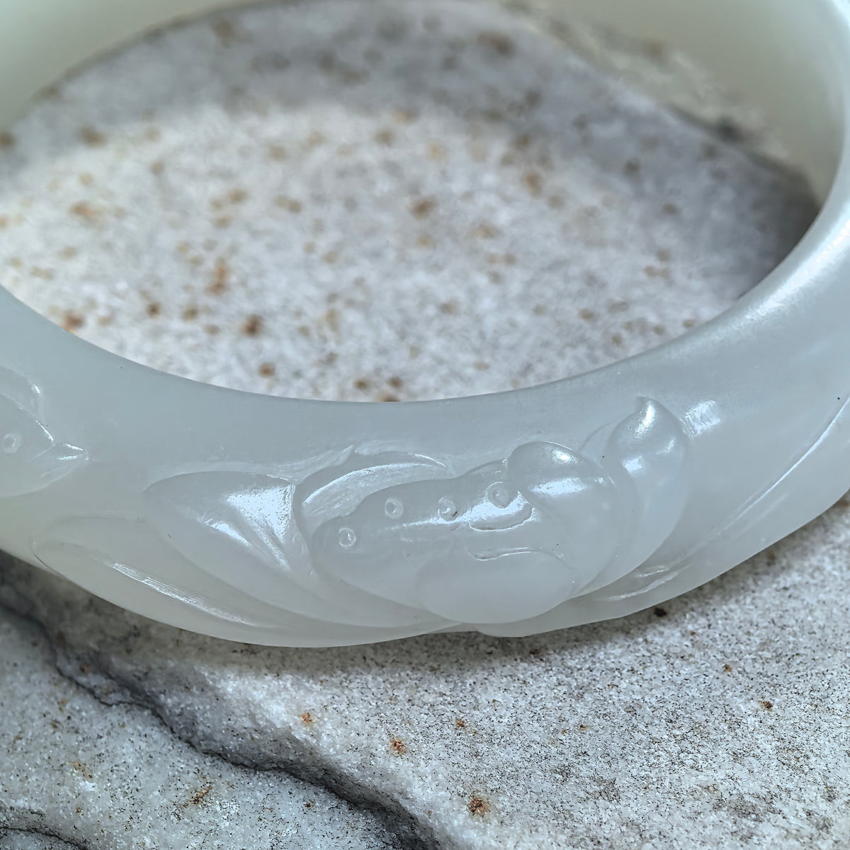 White Lotus-Carved D-Shape Nephrite Bangle -53mm