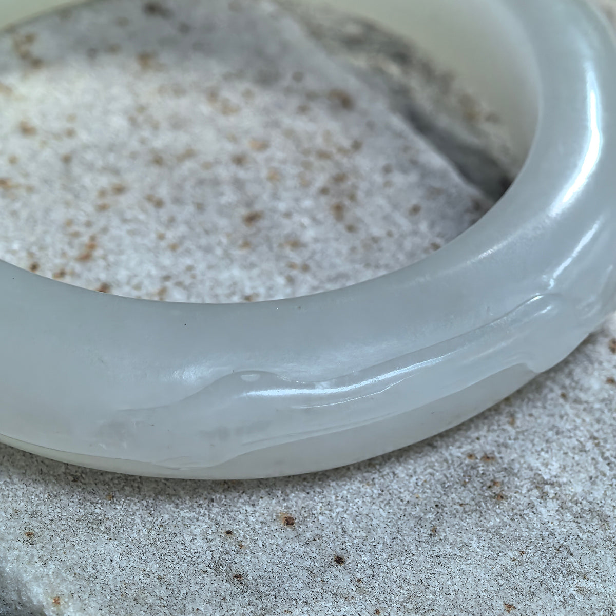White Lotus-Carved D-Shape Nephrite Bangle -53mm
