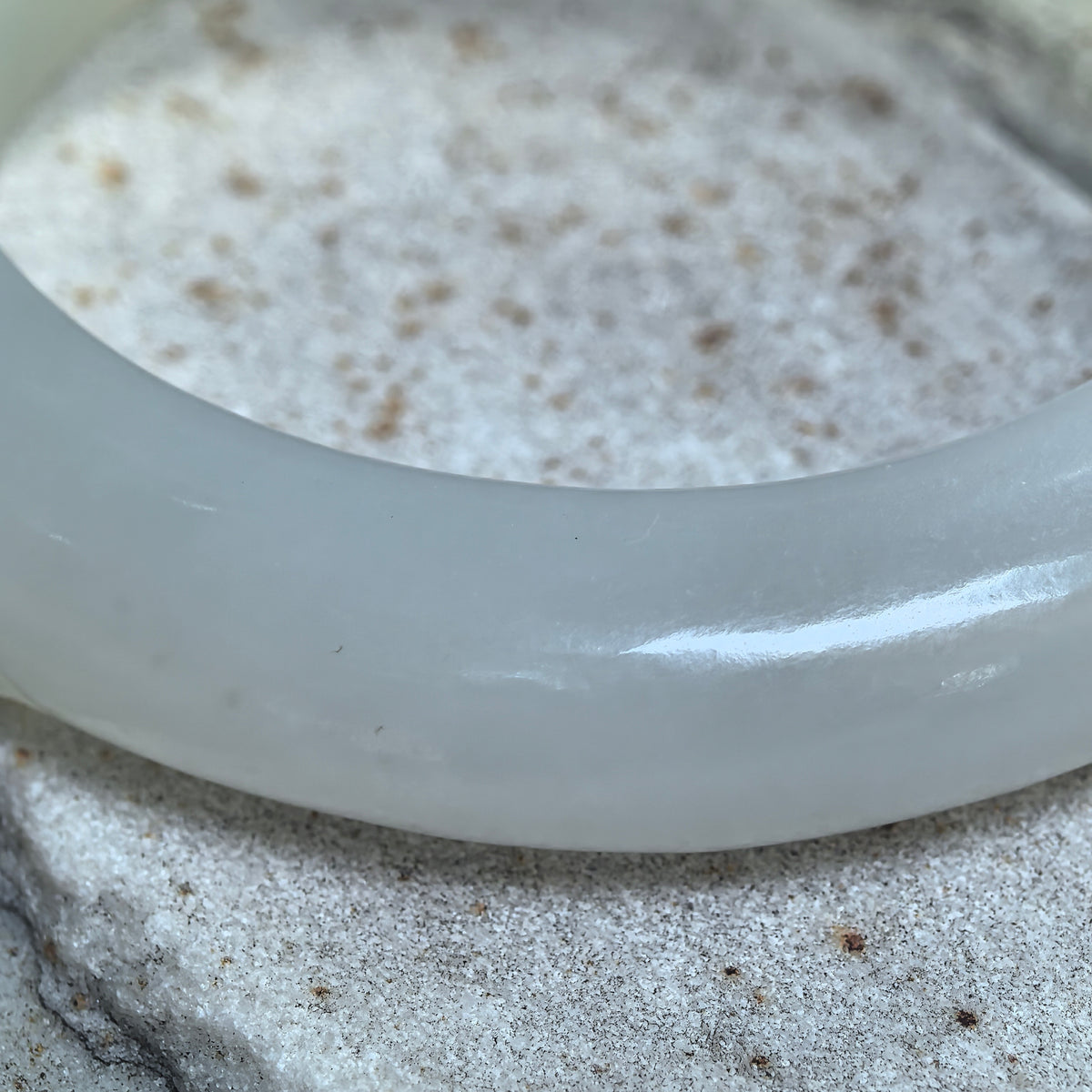 White Lotus-Carved D-Shape Nephrite Bangle -53mm