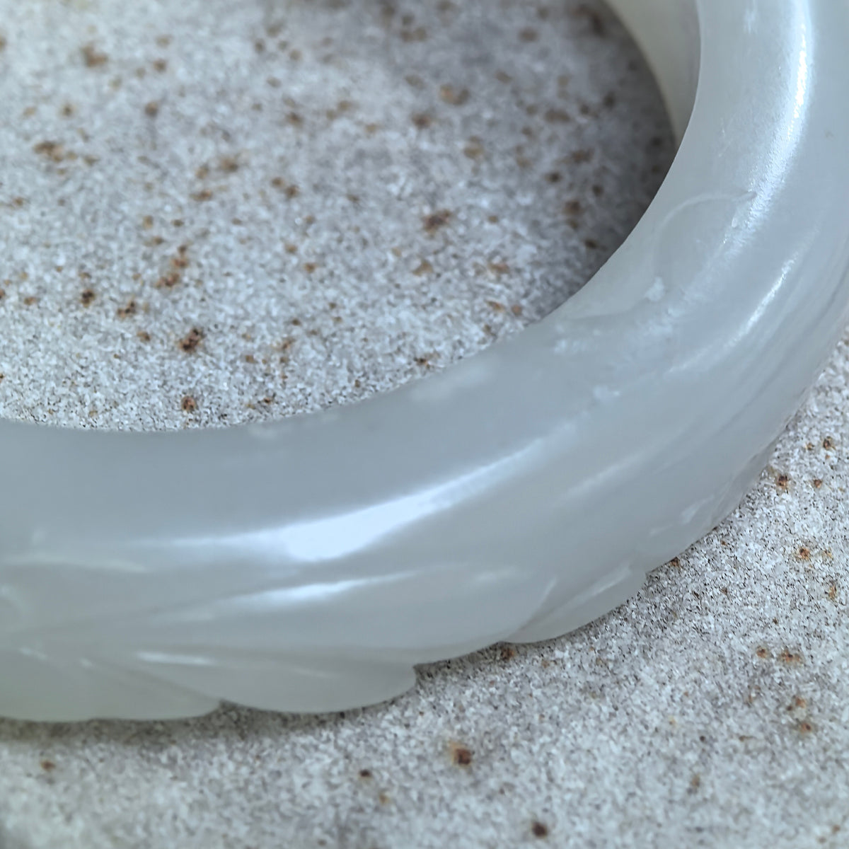 White Lotus-Carved D-Shape Nephrite Bangle -53mm