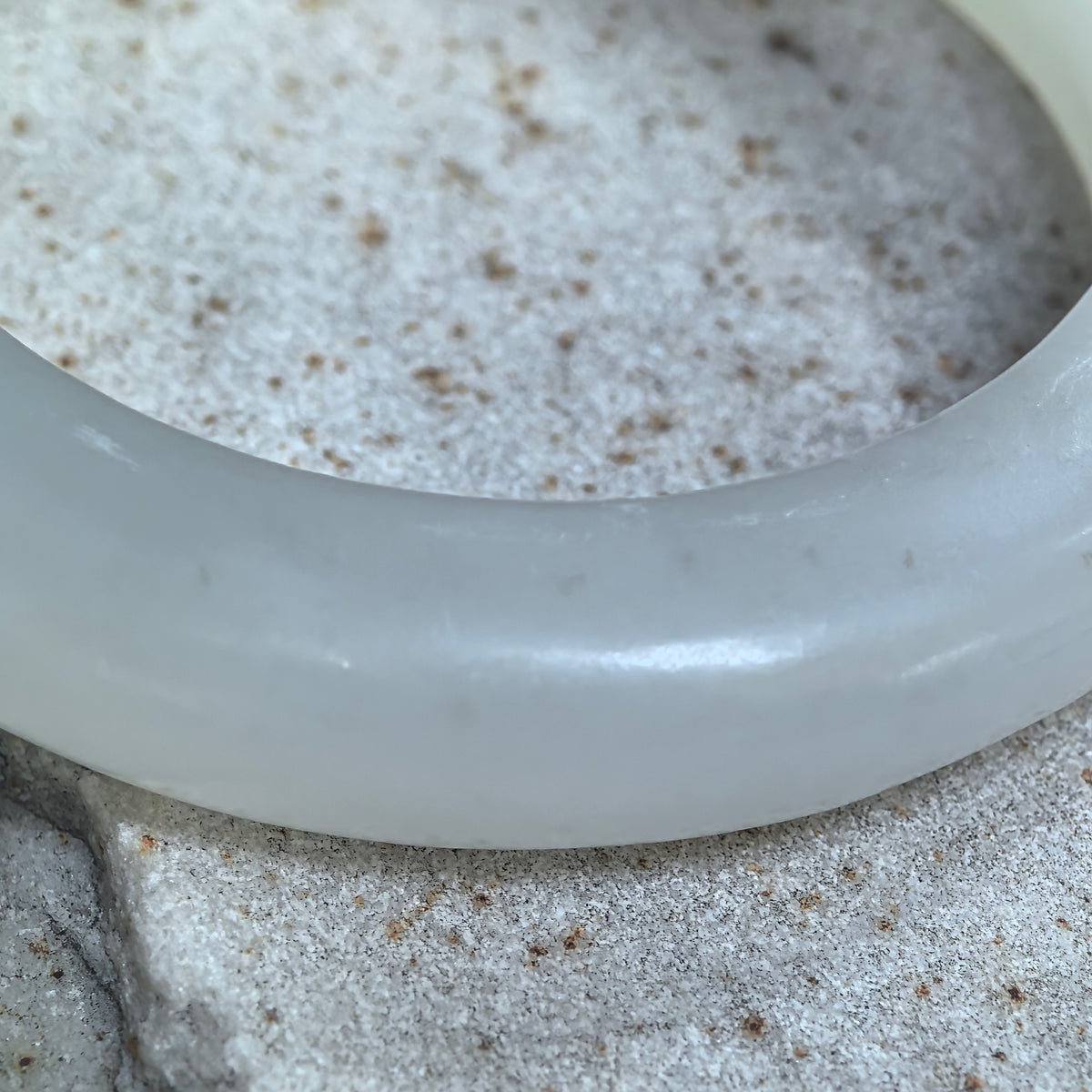 White Lotus-Carved D-Shape Nephrite Bangle -53mm