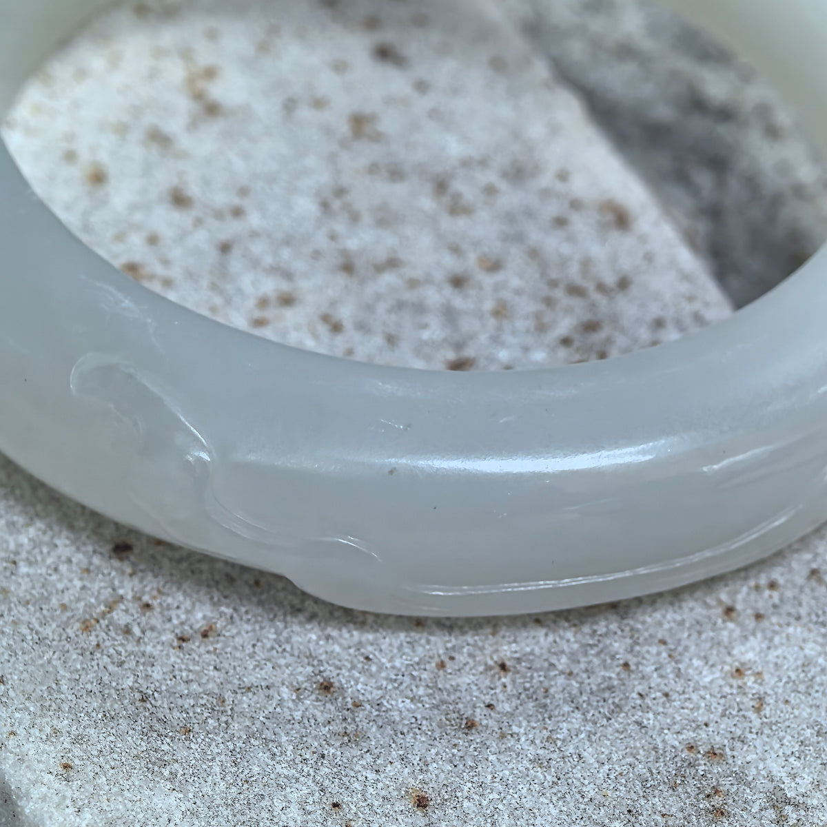 White Lotus-Carved D-Shape Nephrite Bangle -53mm