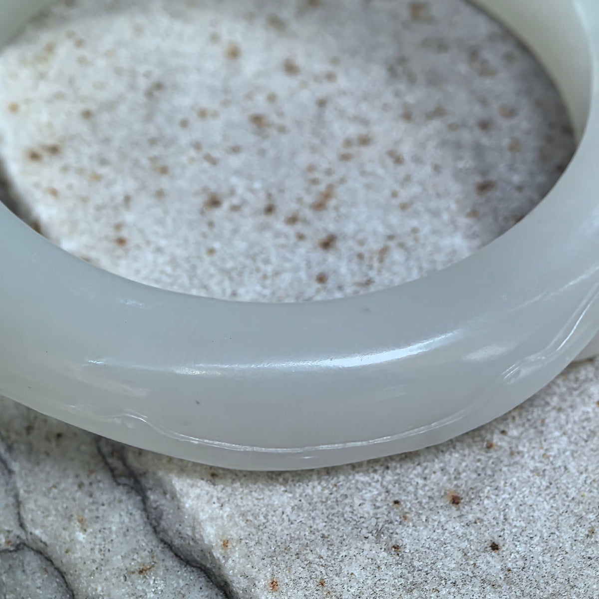 White Lotus-Carved D-Shape Nephrite Bangle -53mm