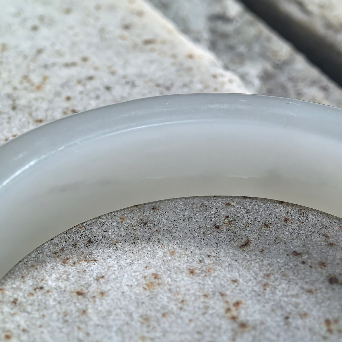 White Lotus-Carved D-Shape Nephrite Bangle -53mm