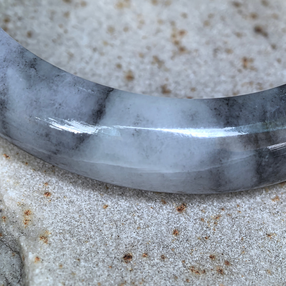 Glutinous Gray and Black D-Shape Jadeite Bangle -55mm
