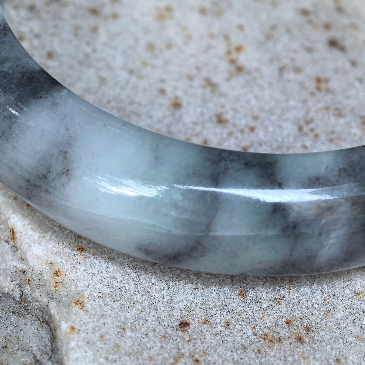 Glutinous Gray and Black D-Shape Jadeite Bangle -55mm