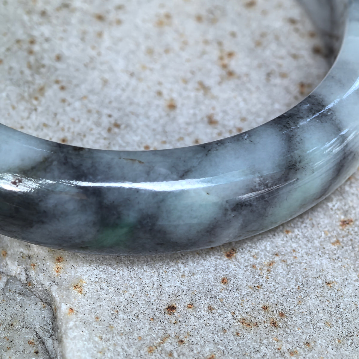 Glutinous Gray and Black D-Shape Jadeite Bangle -55mm