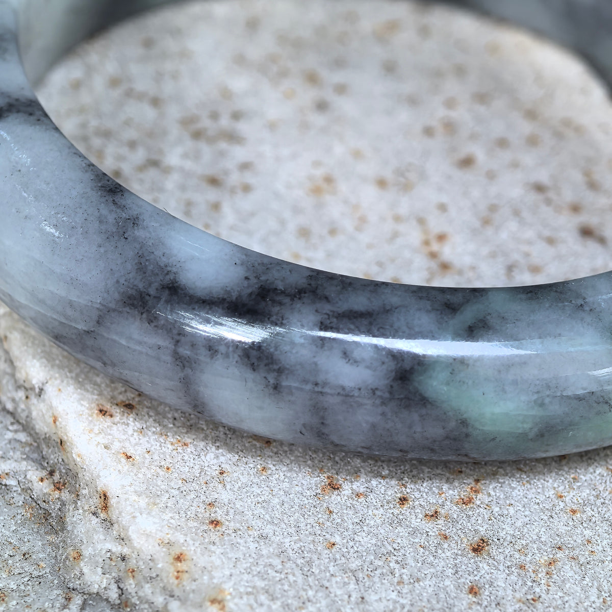 Glutinous Gray and Black D-Shape Jadeite Bangle -55mm