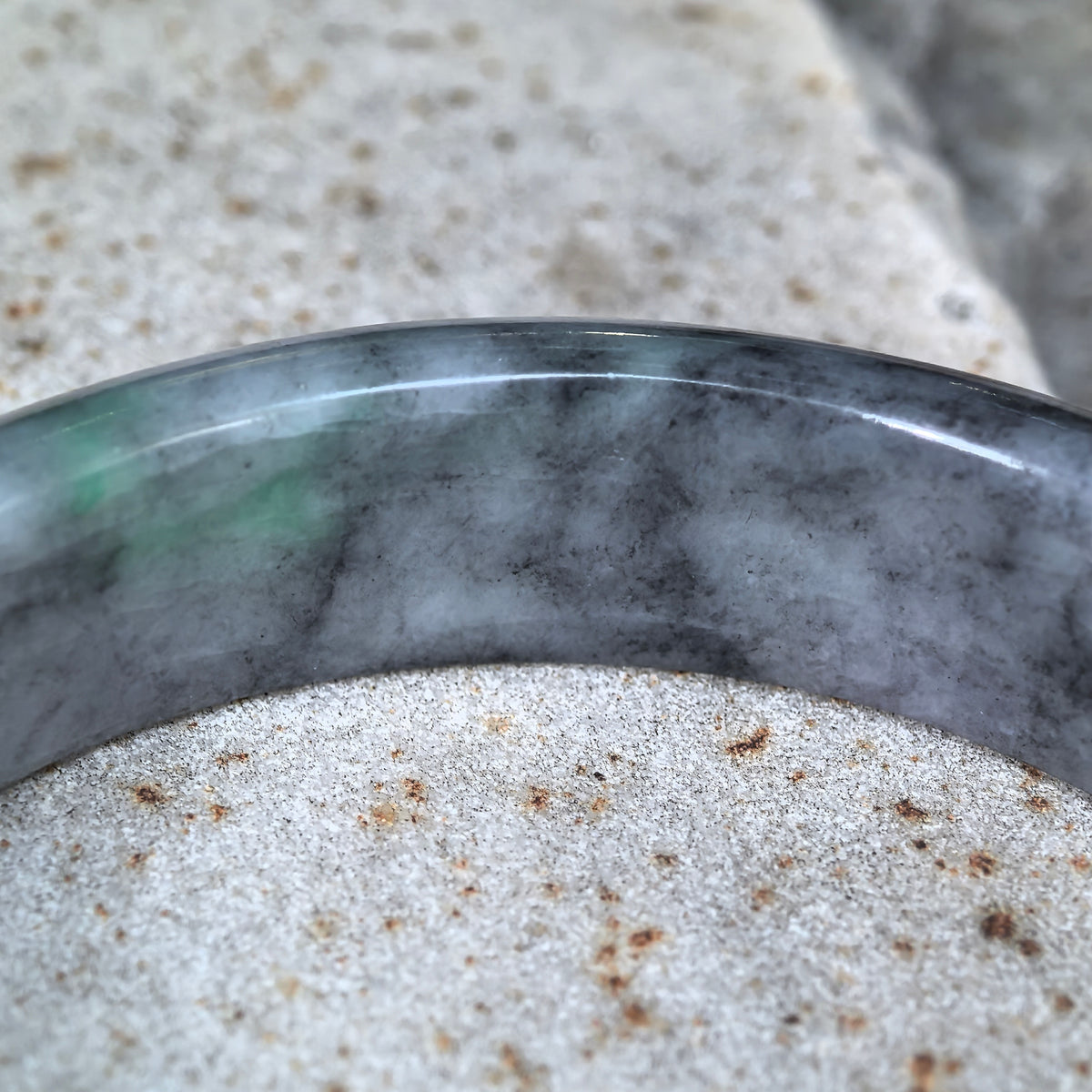 Glutinous Gray and Black D-Shape Jadeite Bangle -55mm