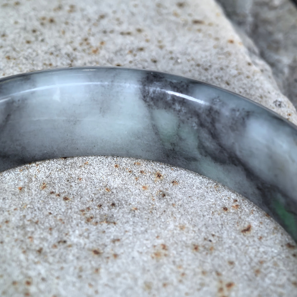 Glutinous Gray and Black D-Shape Jadeite Bangle -55mm