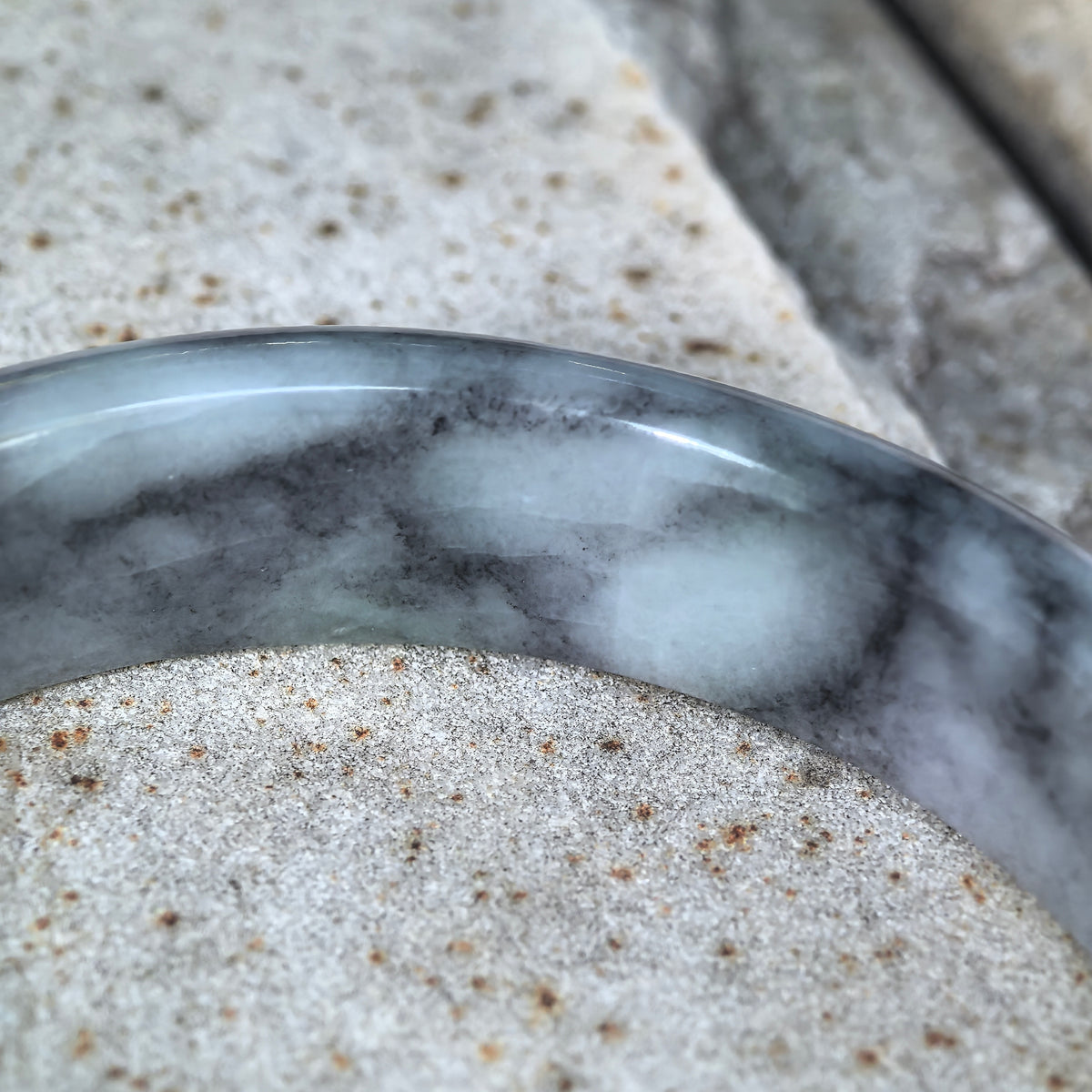 Glutinous Gray and Black D-Shape Jadeite Bangle -55mm
