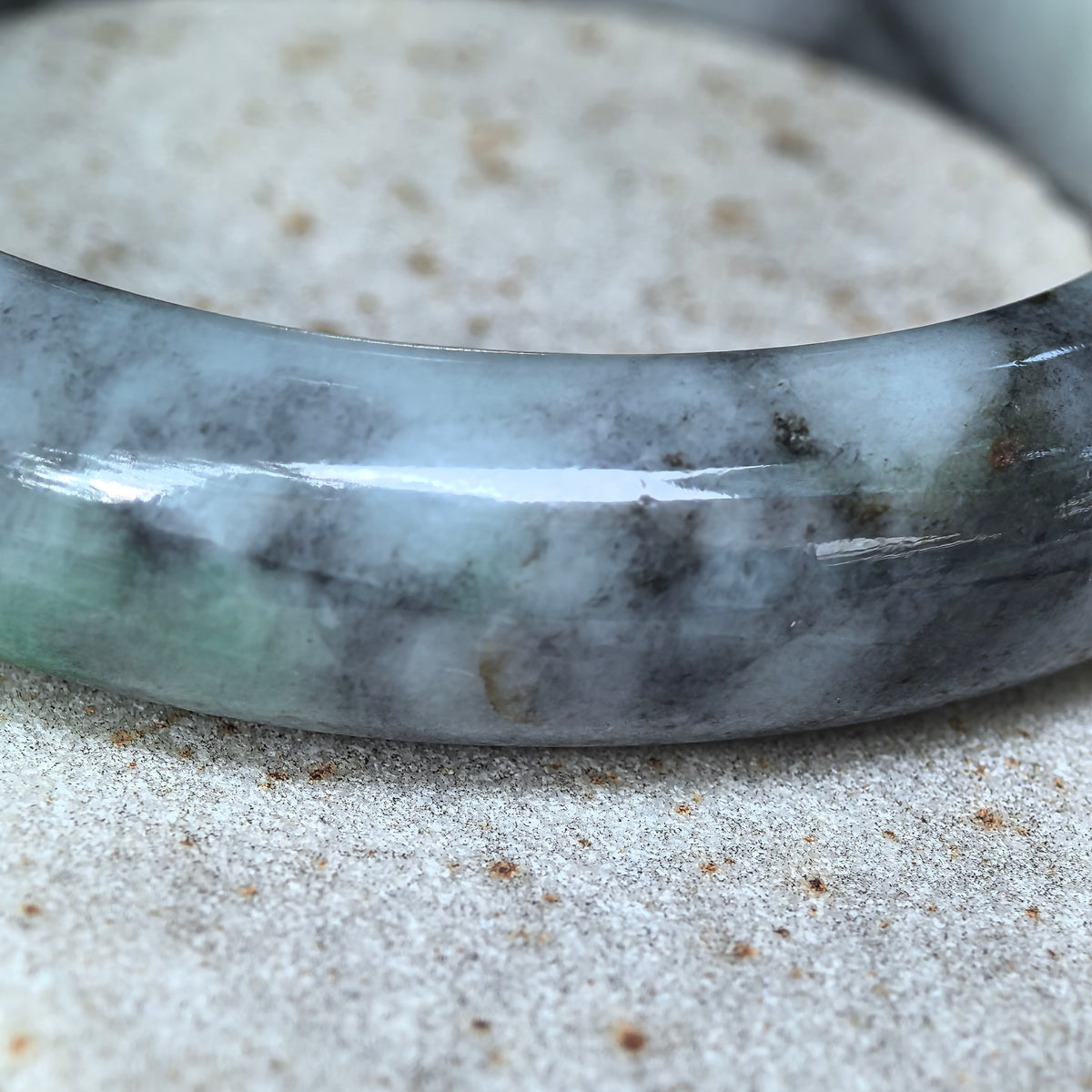 Glutinous Gray and Black D-Shape Jadeite Bangle -55mm