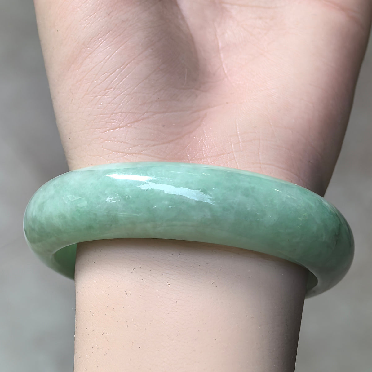 Glutinous Apple Green D-Shape Jadeite Bangle -56mm