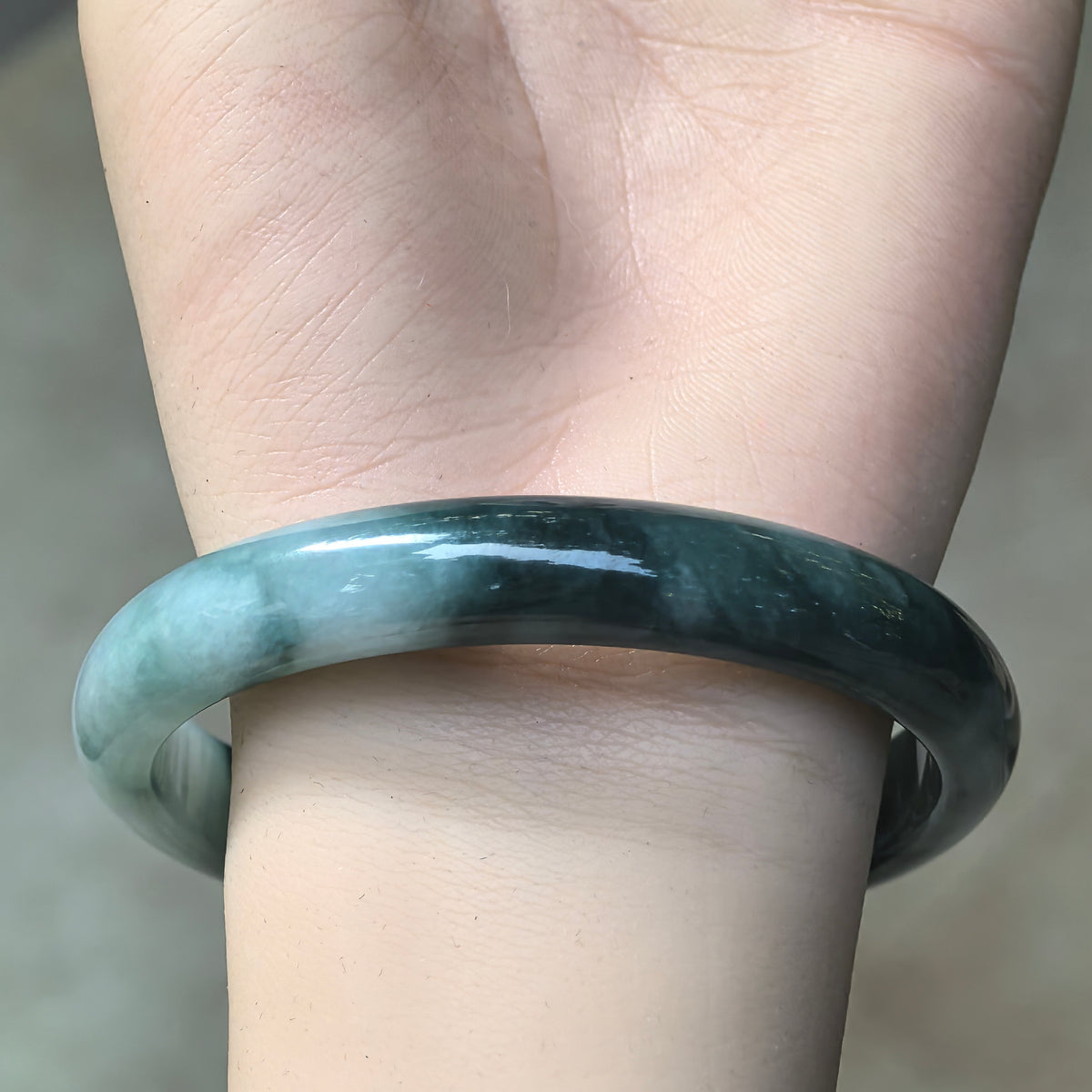 Glutinous Green Floating Flower D-Shape Jadeite Bangle -61mm