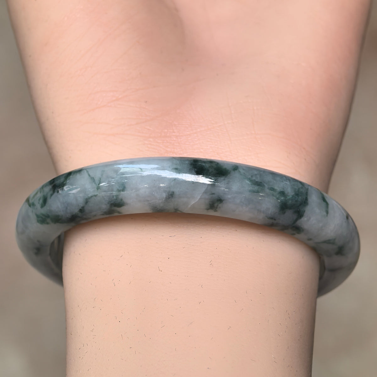 Glutinous Green Floating Flower D-Shape Jadeite Bangle -54mm