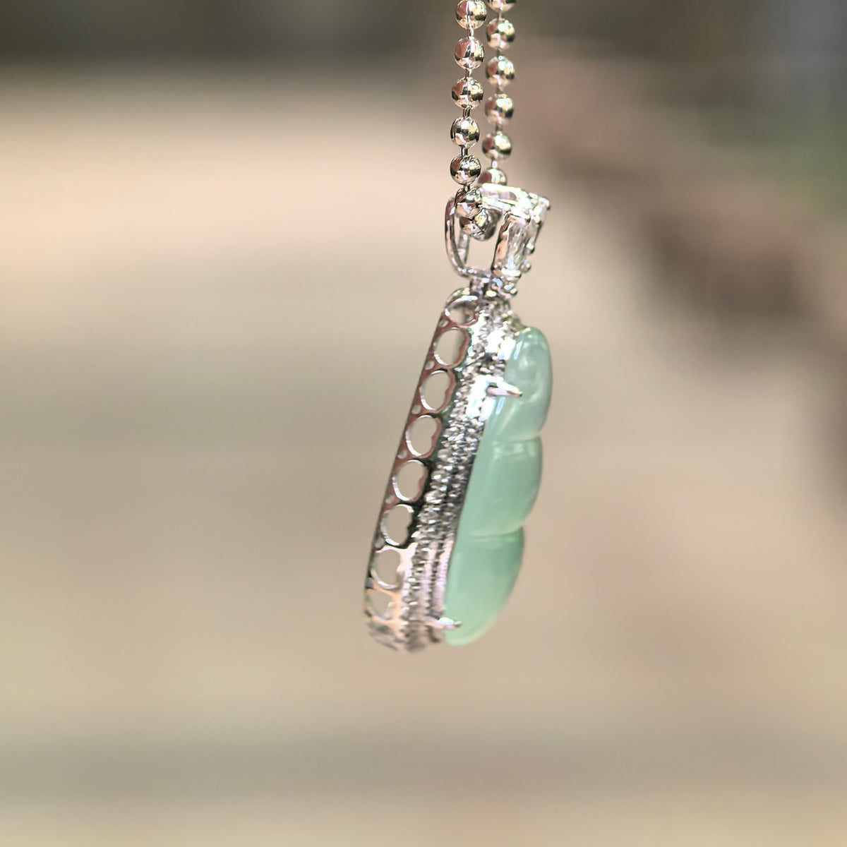 Icy Light Green Jadeite Bean Pod Pendant with 18K Gold and Diamonds