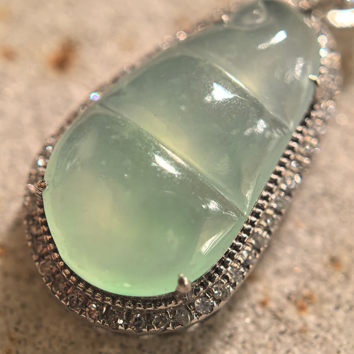 Icy Light Green Jadeite Bean Pod Pendant with 18K Gold and Diamonds