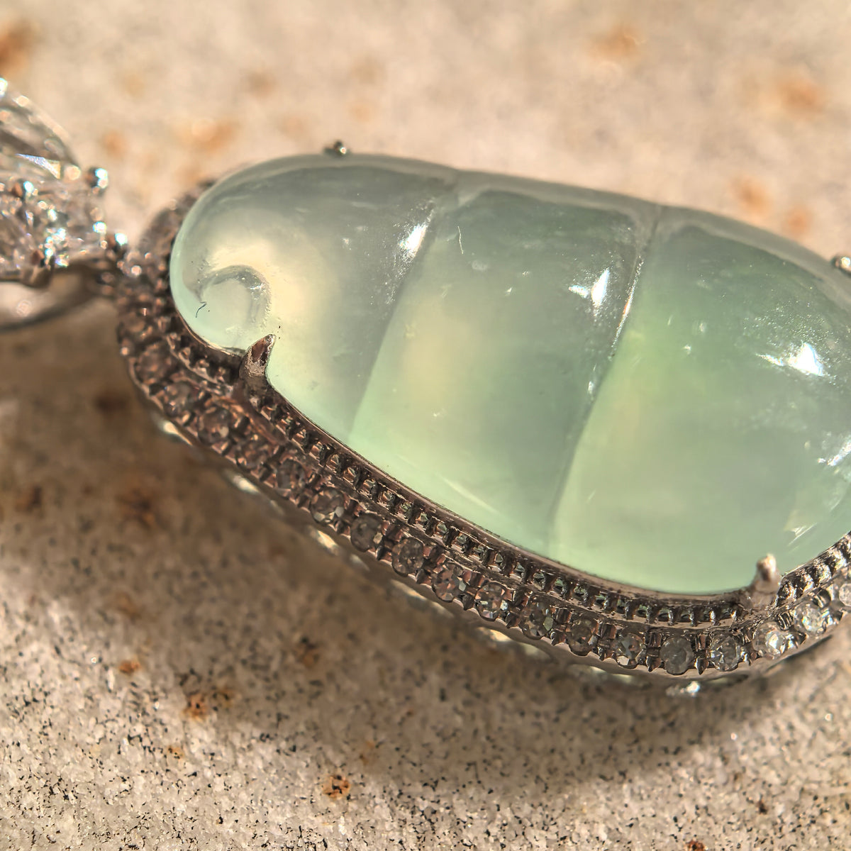 Icy Light Green Jadeite Bean Pod Pendant with 18K Gold and Diamonds