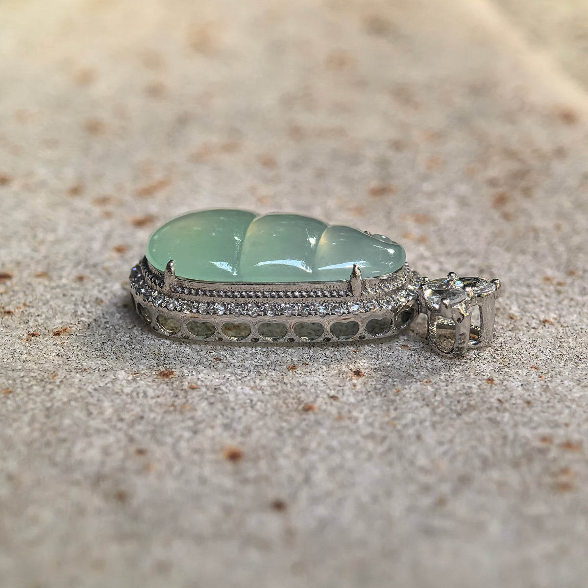 Icy Light Green Jadeite Bean Pod Pendant with 18K Gold and Diamonds