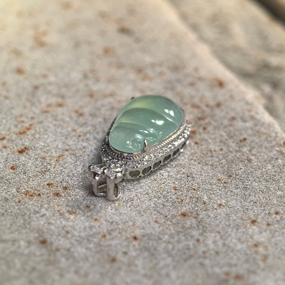 Icy Light Green Jadeite Bean Pod Pendant with 18K Gold and Diamonds