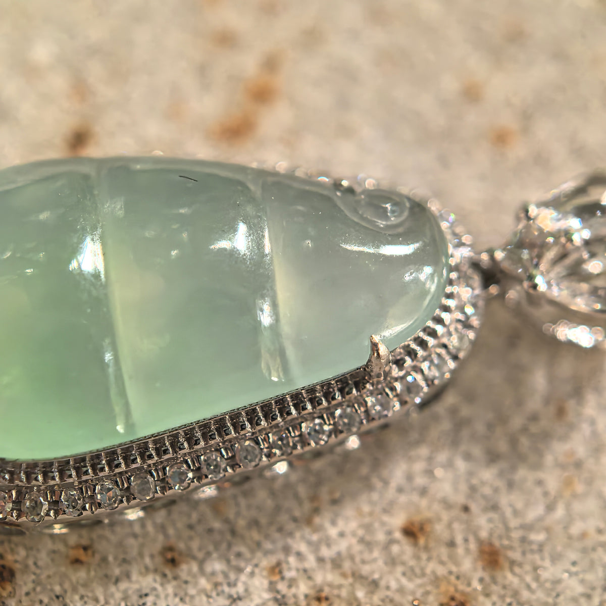 Icy Light Green Jadeite Bean Pod Pendant with 18K Gold and Diamonds