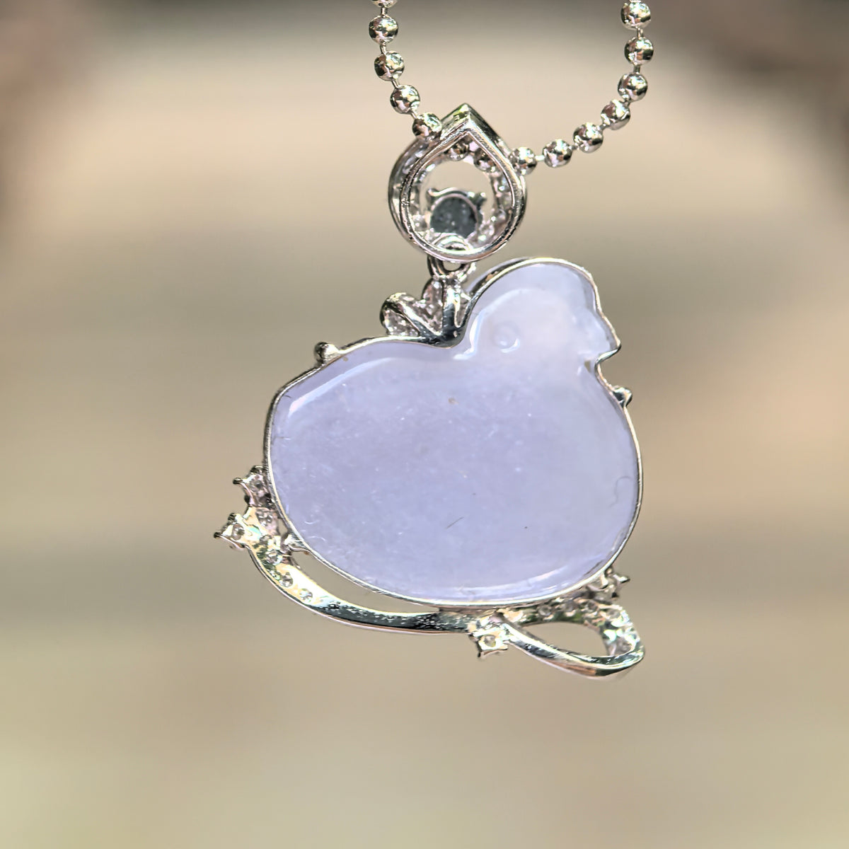 Icy Glutinous Lavender Jadeite Swan Pendant with 18K Gold and Diamonds