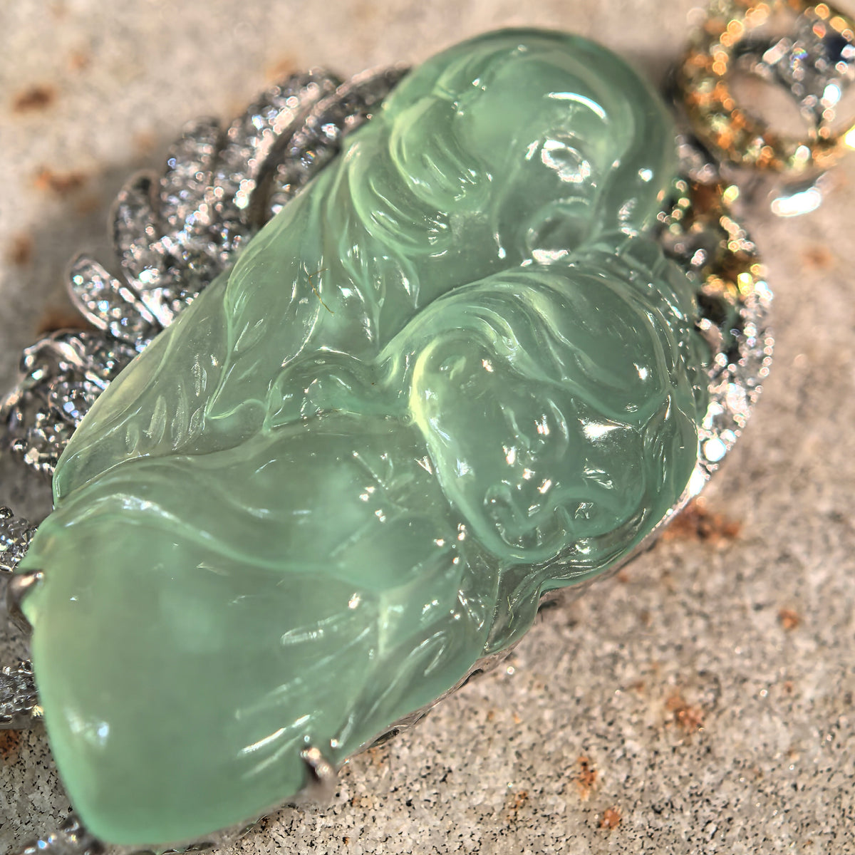 Icy Green Guardian Angel Jadeite Pendant with 18K Gold and Diamonds