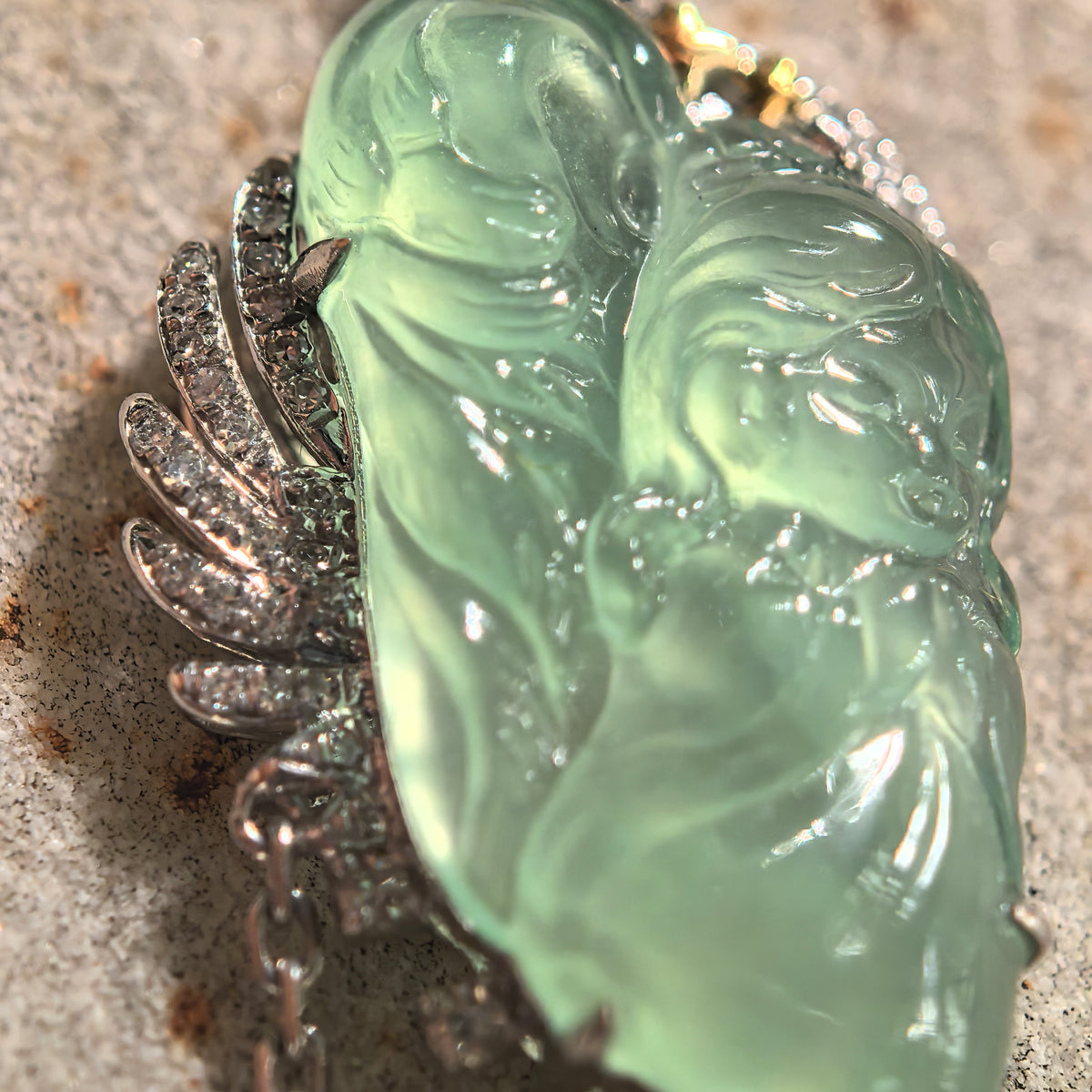 Icy Green Guardian Angel Jadeite Pendant with 18K Gold and Diamonds