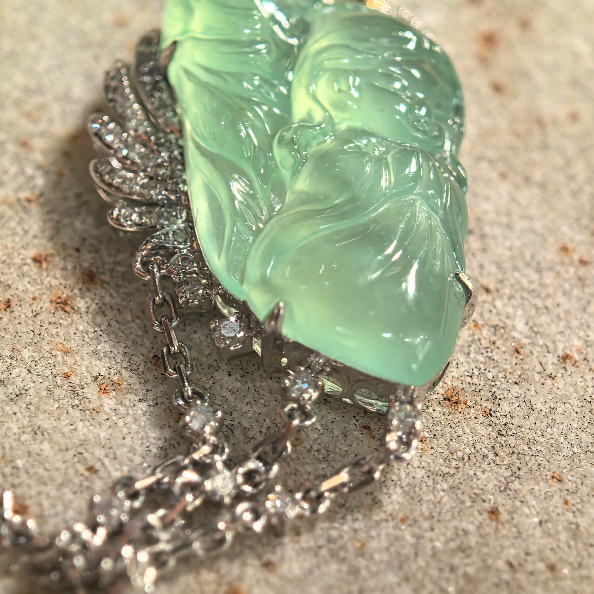 Icy Green Guardian Angel Jadeite Pendant with 18K Gold and Diamonds