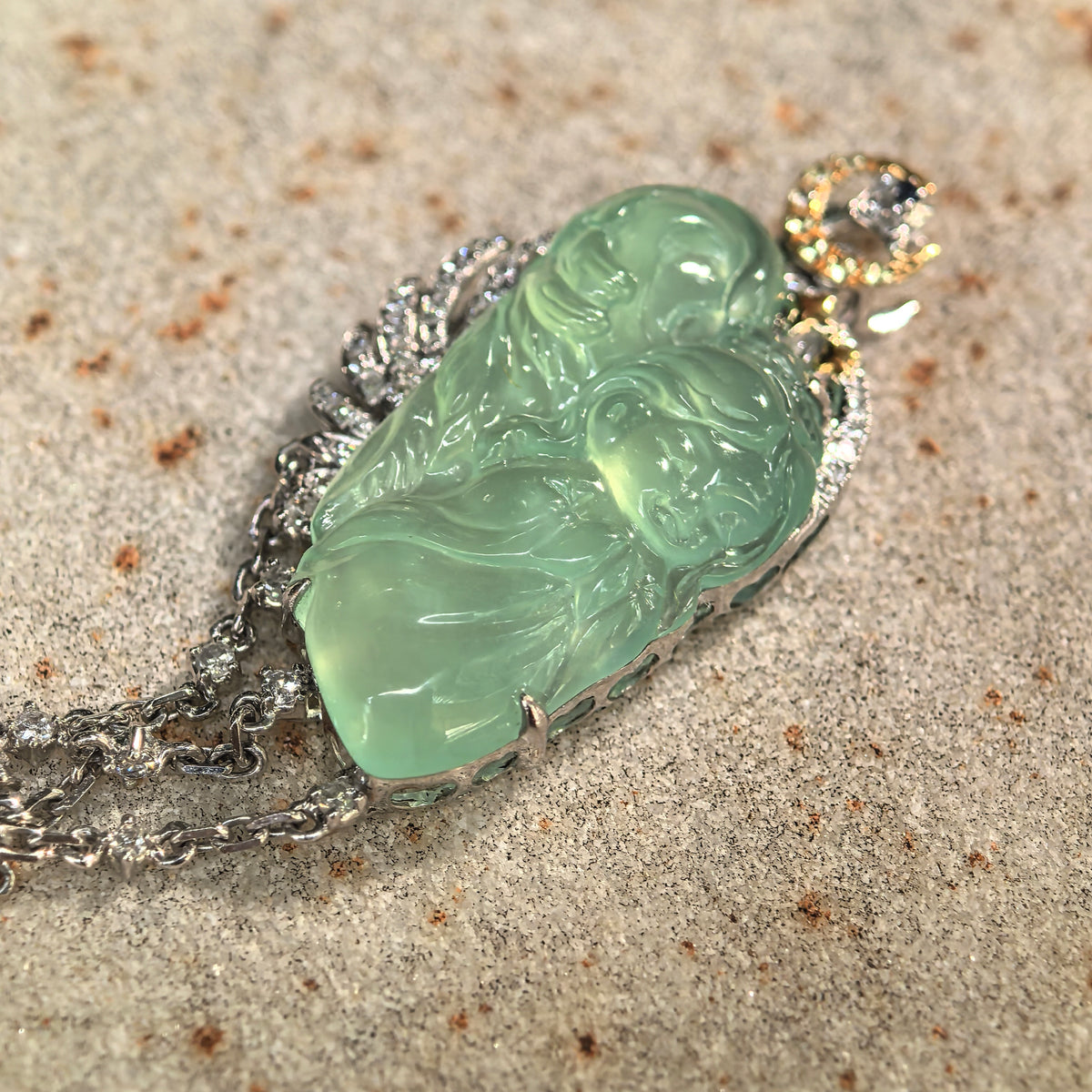 Icy Green Guardian Angel Jadeite Pendant with 18K Gold and Diamonds