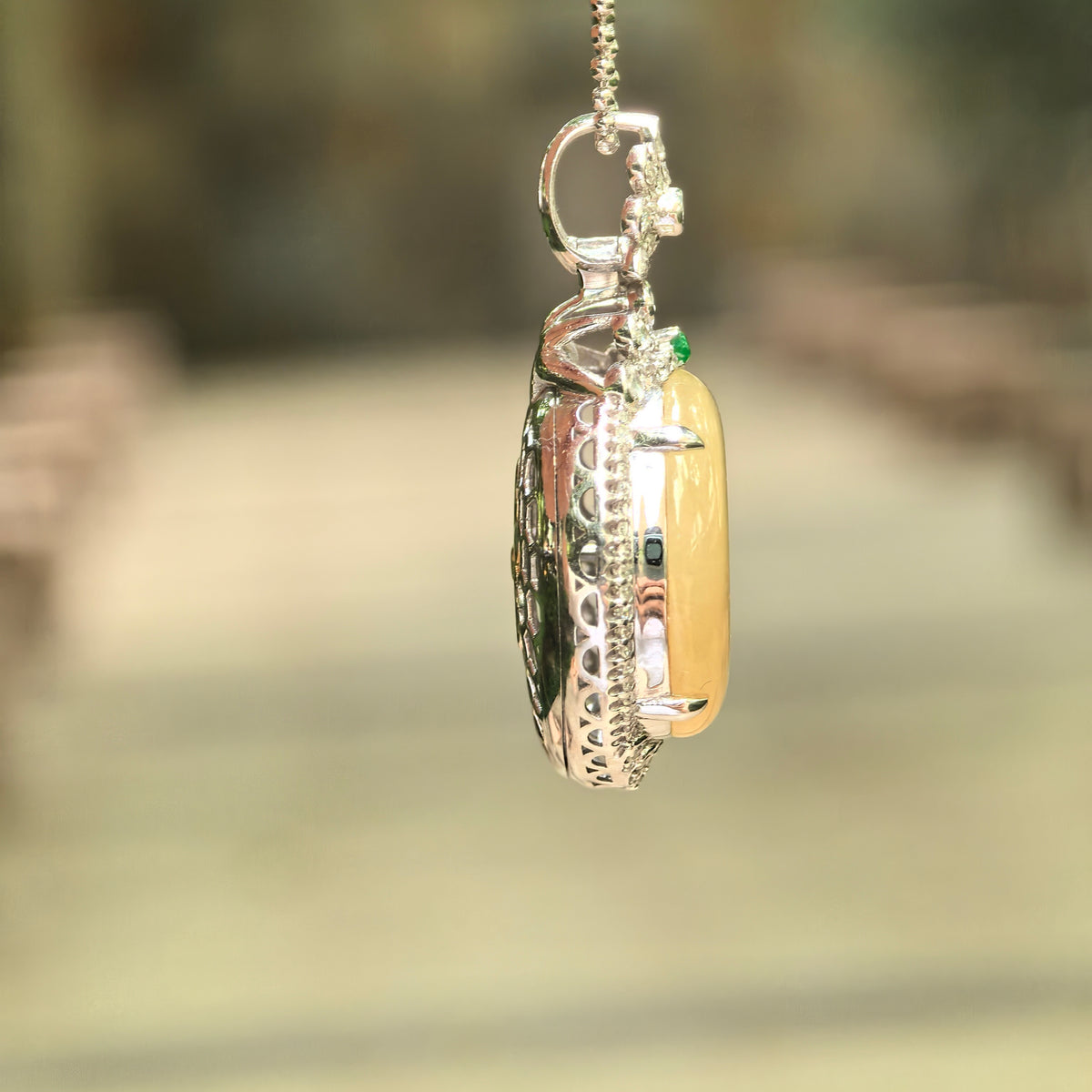 Icy Bright Yellow Jadeite Peace Pendant with 18K Gold and Diamonds