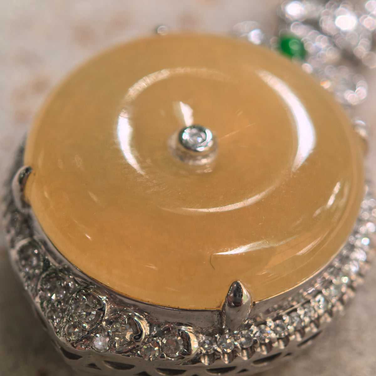 Icy Bright Yellow Jadeite Peace Pendant with 18K Gold and Diamonds
