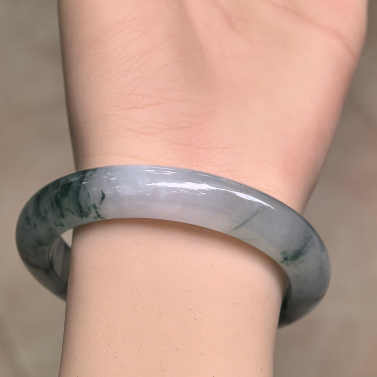Icy Glutinous Dark Green Floating Flower D-Shape Jadeite Bangle -54mm