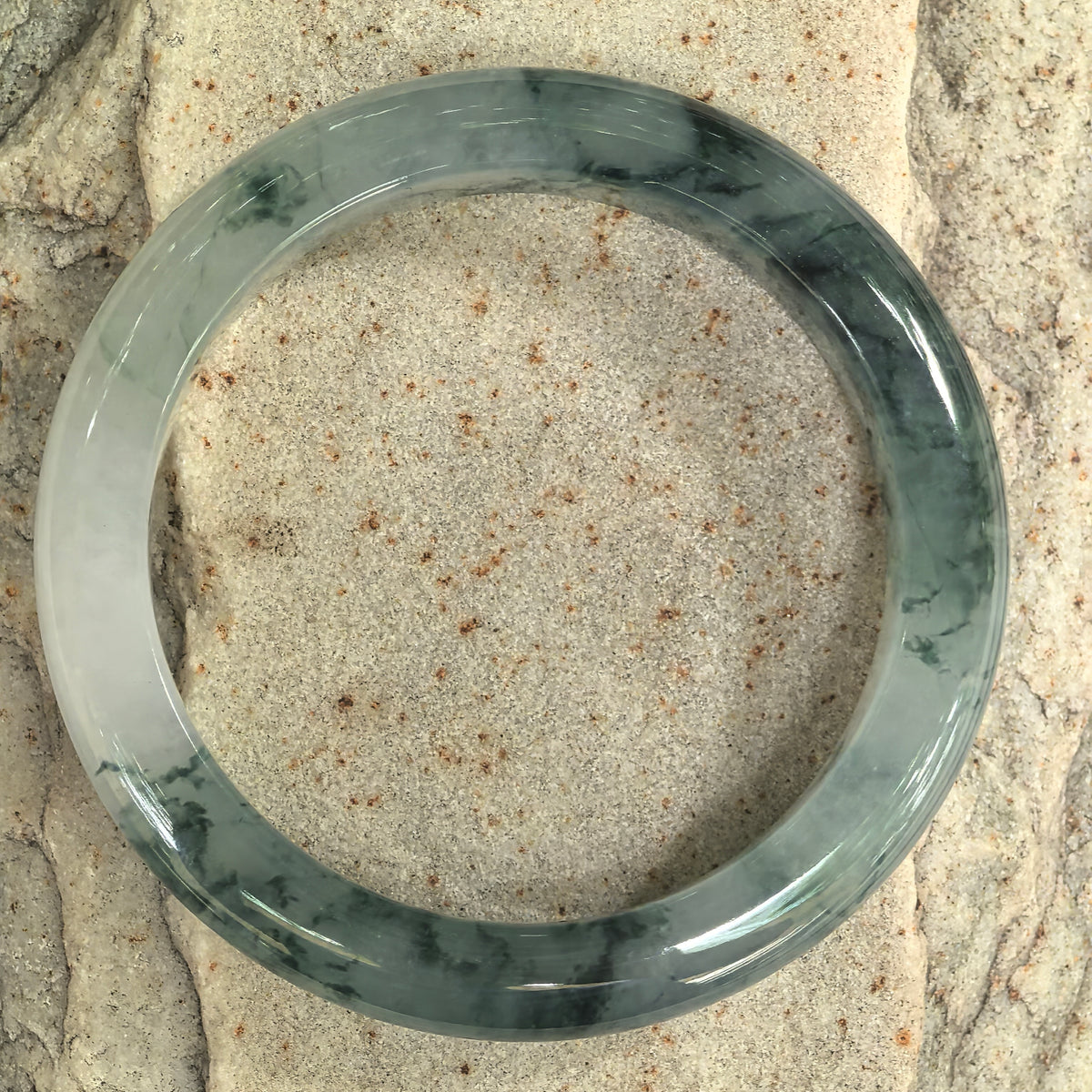 Icy Glutinous Dark Green Floating Flower D-Shape Jadeite Bangle -54mm