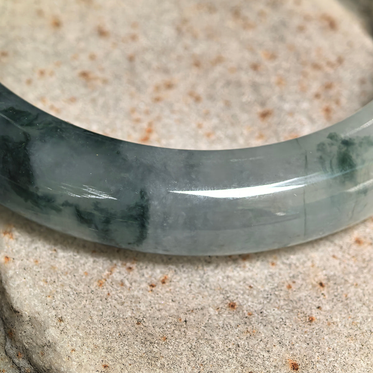 Icy Glutinous Dark Green Floating Flower D-Shape Jadeite Bangle -54mm