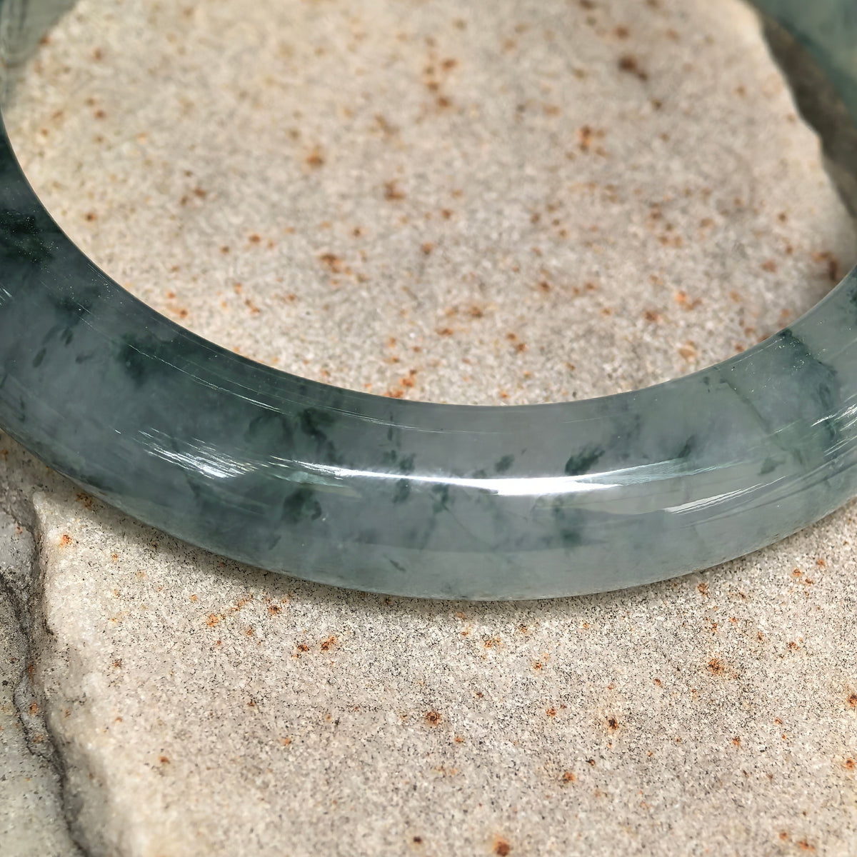 Icy Glutinous Dark Green Floating Flower D-Shape Jadeite Bangle -54mm