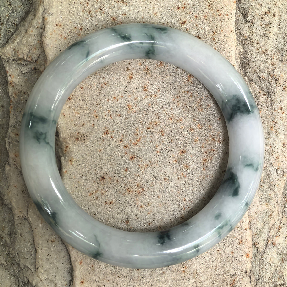 Glutinous Milky White and Dark Green Floating Flower Round Jadeite Bangle -51mm