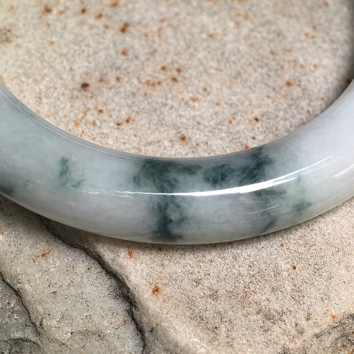 Glutinous Milky White and Dark Green Floating Flower Round Jadeite Bangle -51mm
