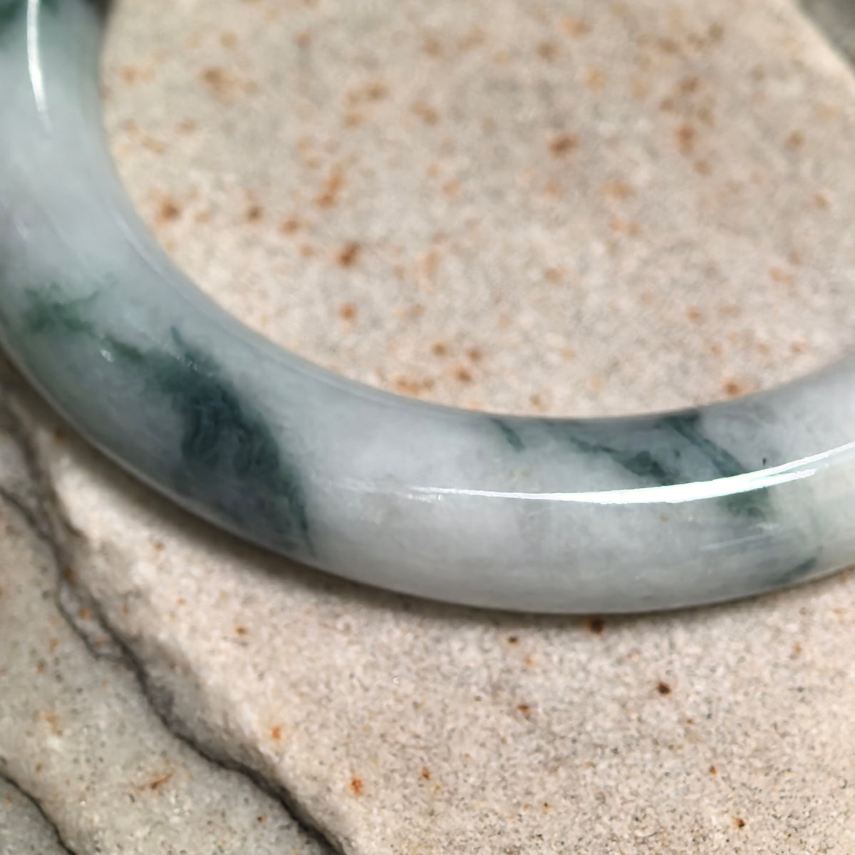 Glutinous Milky White and Dark Green Floating Flower Round Jadeite Bangle -51mm