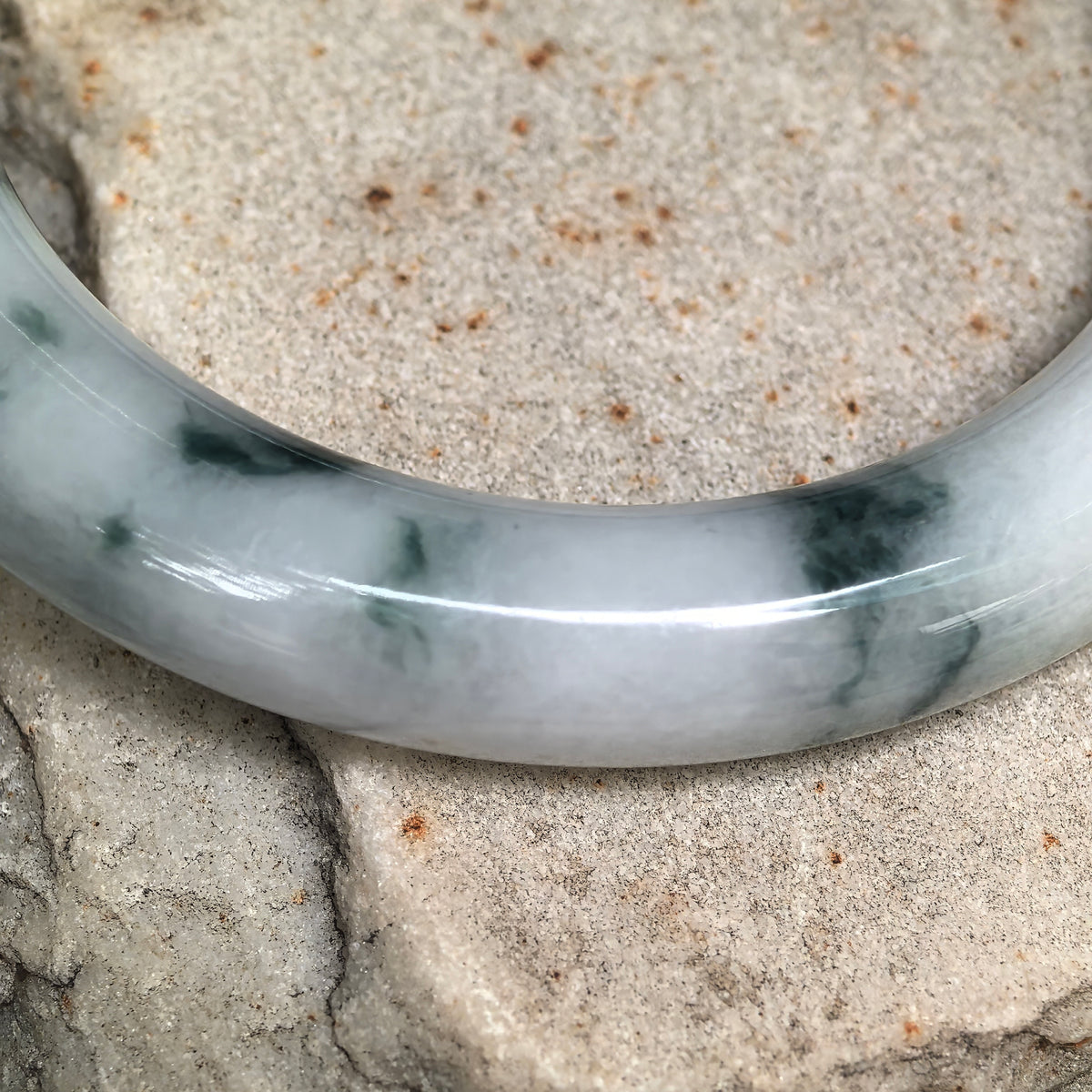 Glutinous Milky White and Dark Green Floating Flower Round Jadeite Bangle -51mm