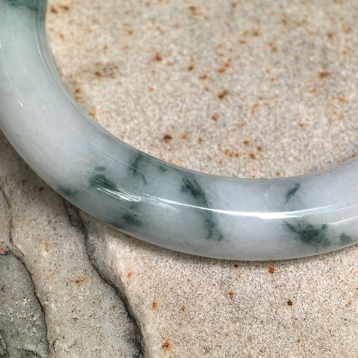 Glutinous Milky White and Dark Green Floating Flower Round Jadeite Bangle -51mm