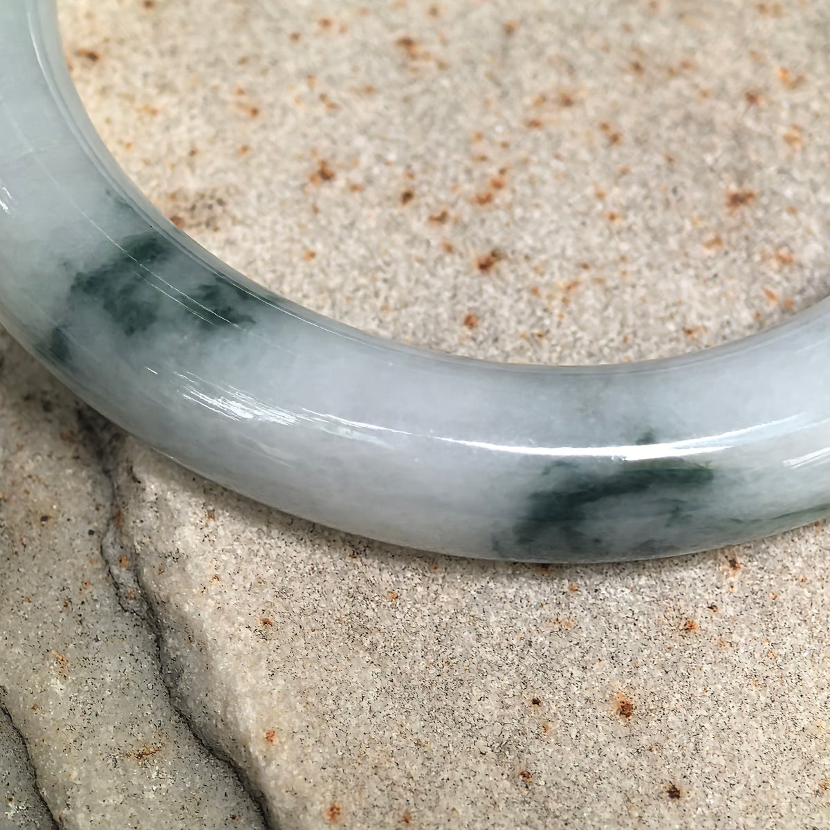 Glutinous Milky White and Dark Green Floating Flower Round Jadeite Bangle -51mm