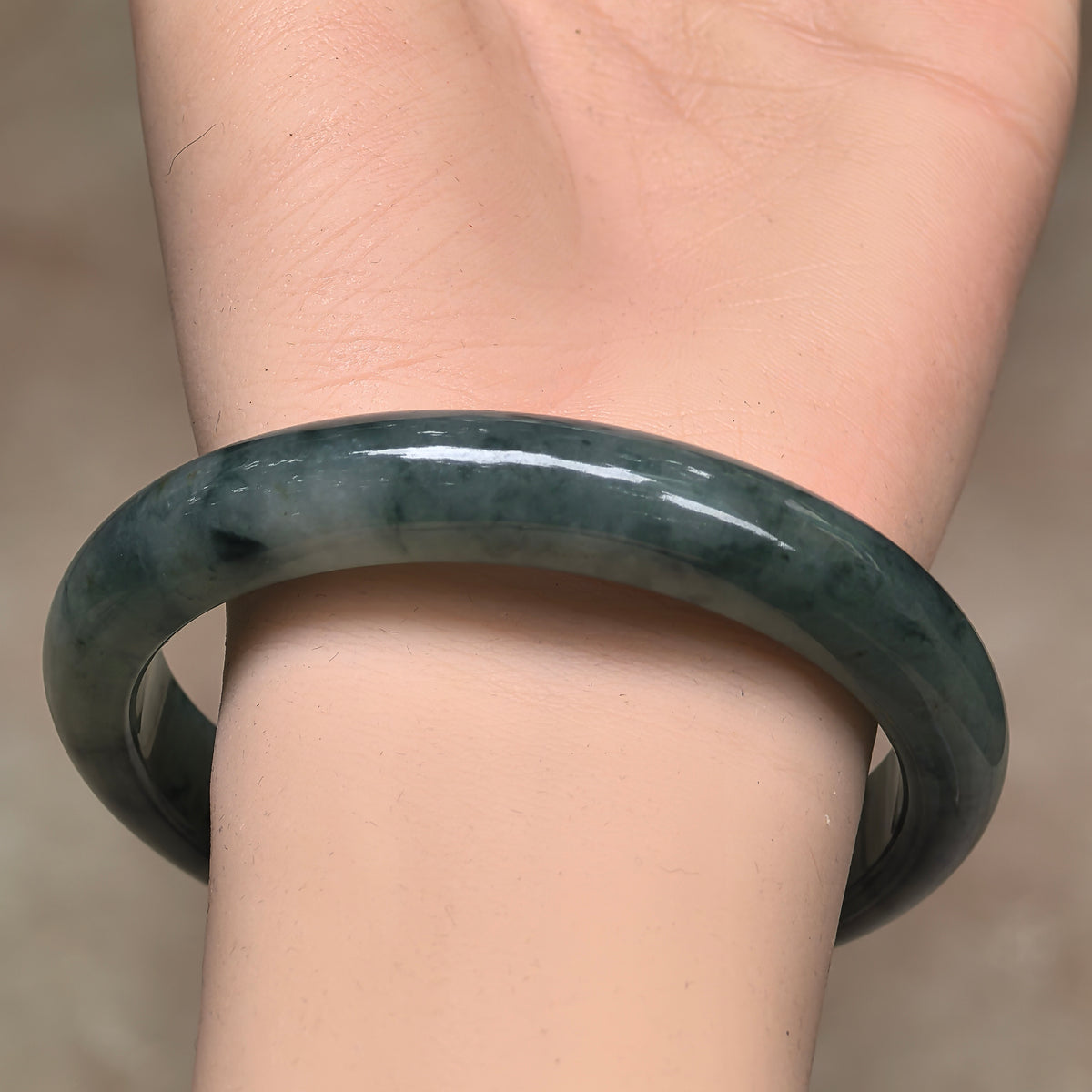 Glutinous Deep Green Floating Flower D-Shape Jadeite Bangle -60mm