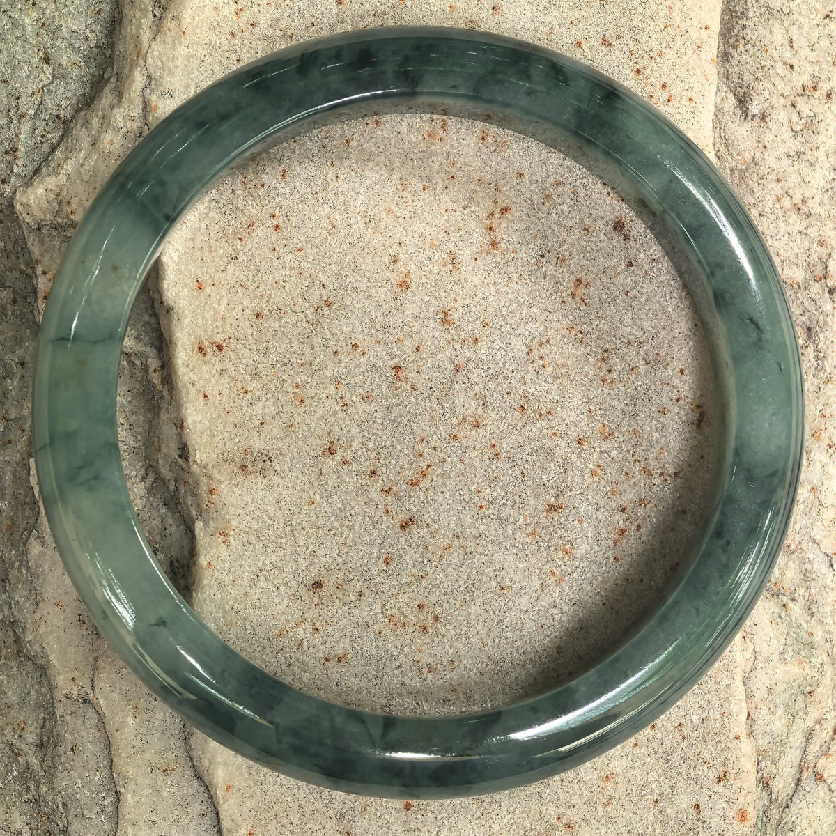 Glutinous Deep Green Floating Flower D-Shape Jadeite Bangle -60mm