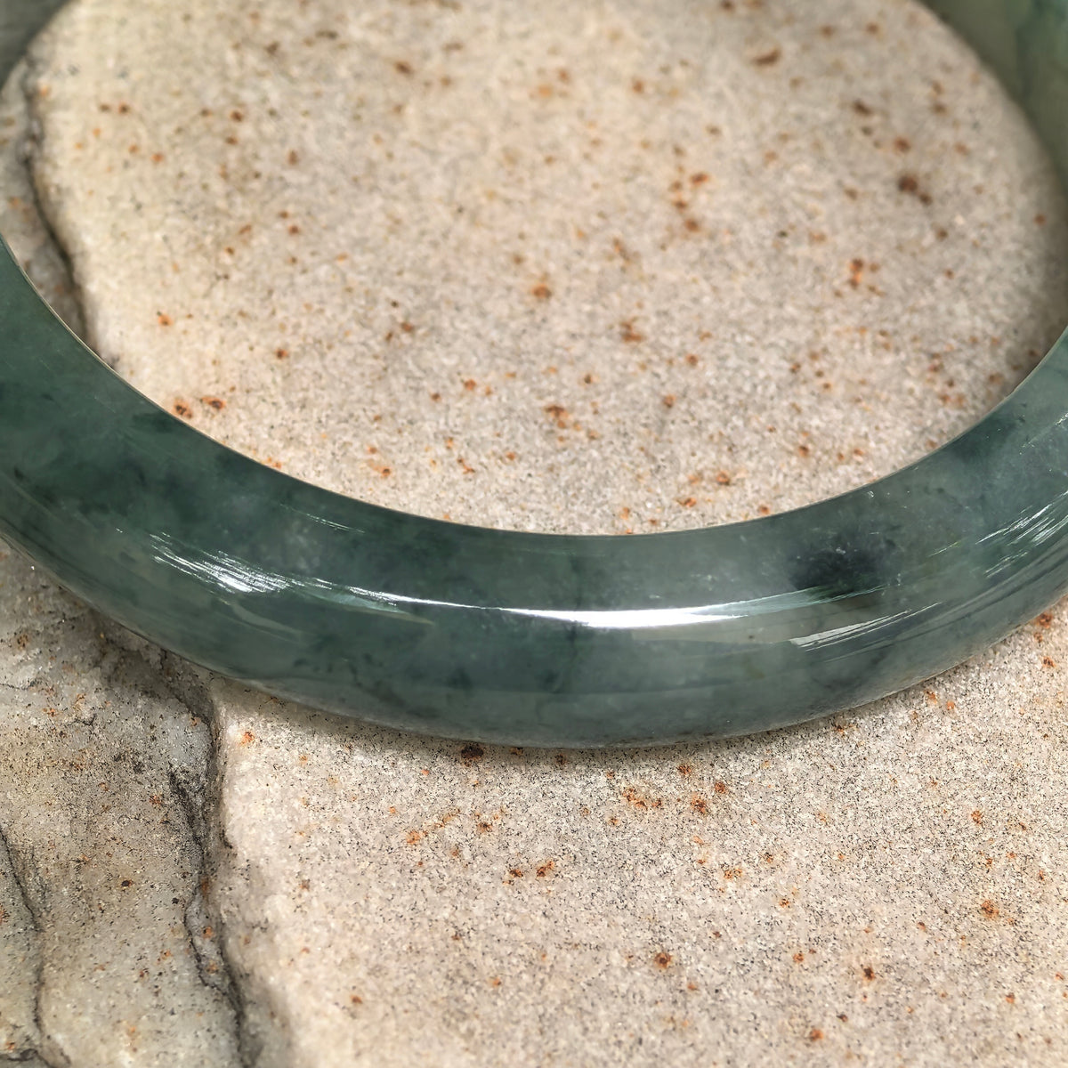 Glutinous Deep Green Floating Flower D-Shape Jadeite Bangle -60mm
